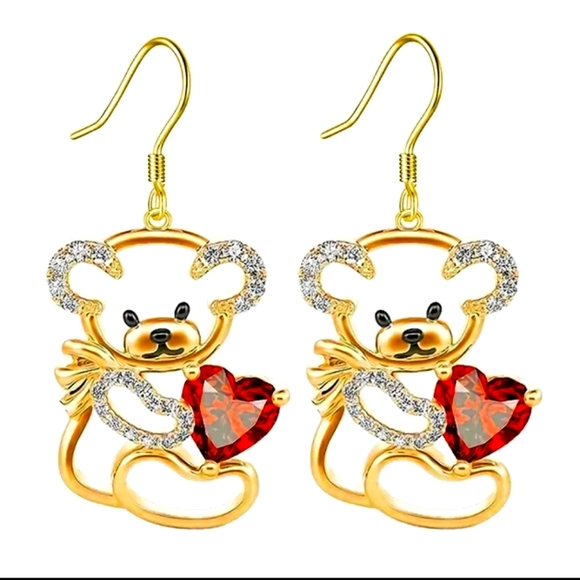 TEDDY BEAR / GARNET/YELLOW GOLD OVER STERLING ONE AND A HALF INCH DANGLE - Picture 1 of 1
